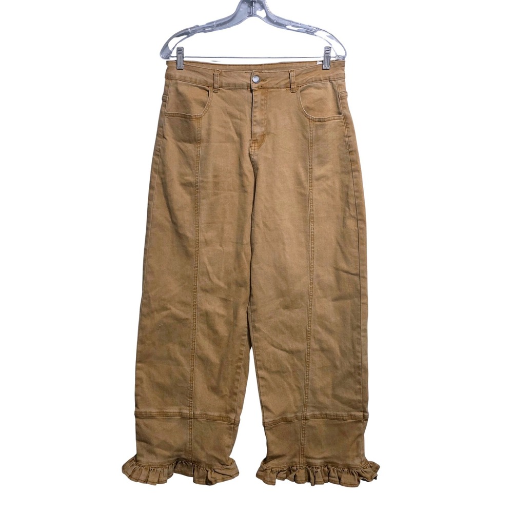 Tan High Waisted Wide Leg Ruffle Hem Cropped Pants Womens Size L Camel Boho